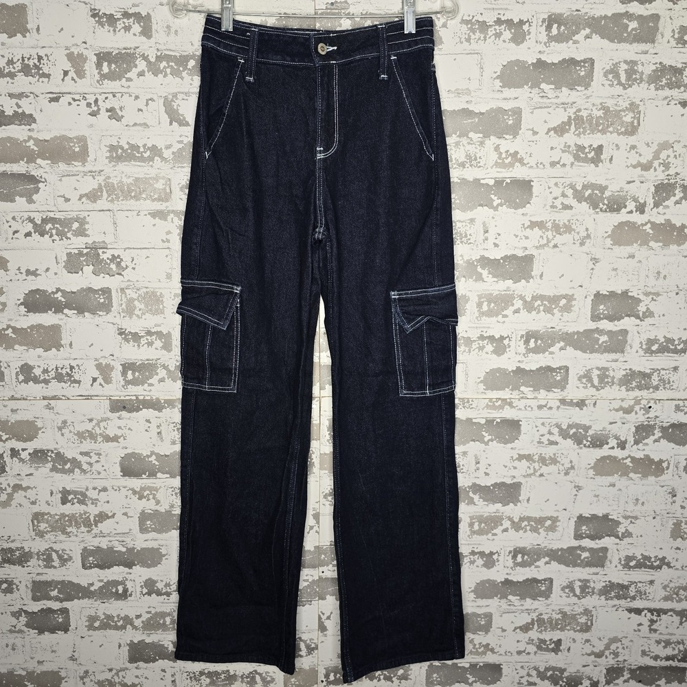 Hollister Jeans Women 24x31 Dark Blue Denim Wash Cargo Pockets Bootcut High Rise